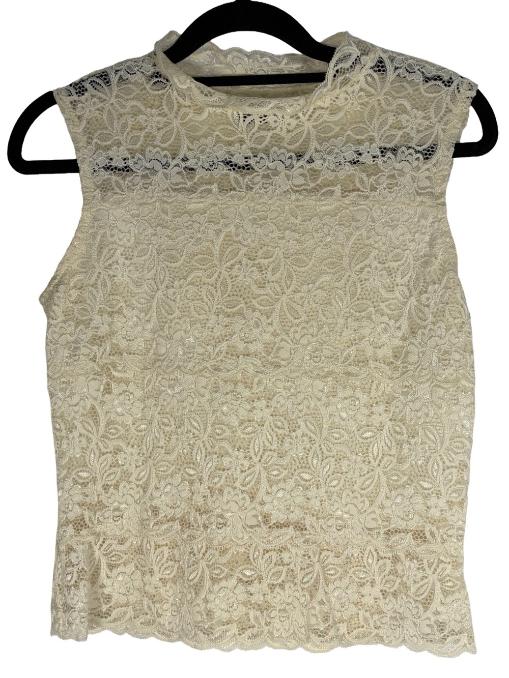 Pretika Lace Mock Neck Sleeveless Top – Cream Floral Lace Y2K Romantic Blouse - Picture 6 of 13